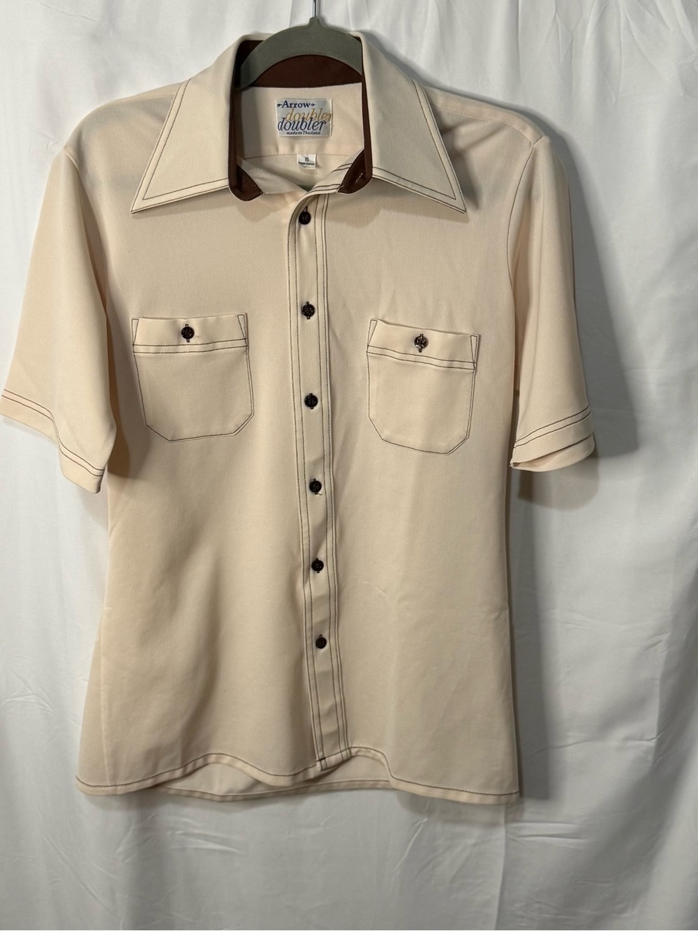 Vintage 70’s Arrow Doubler Cream Short-Sleeve Button-Down Shirt with Brown Trim